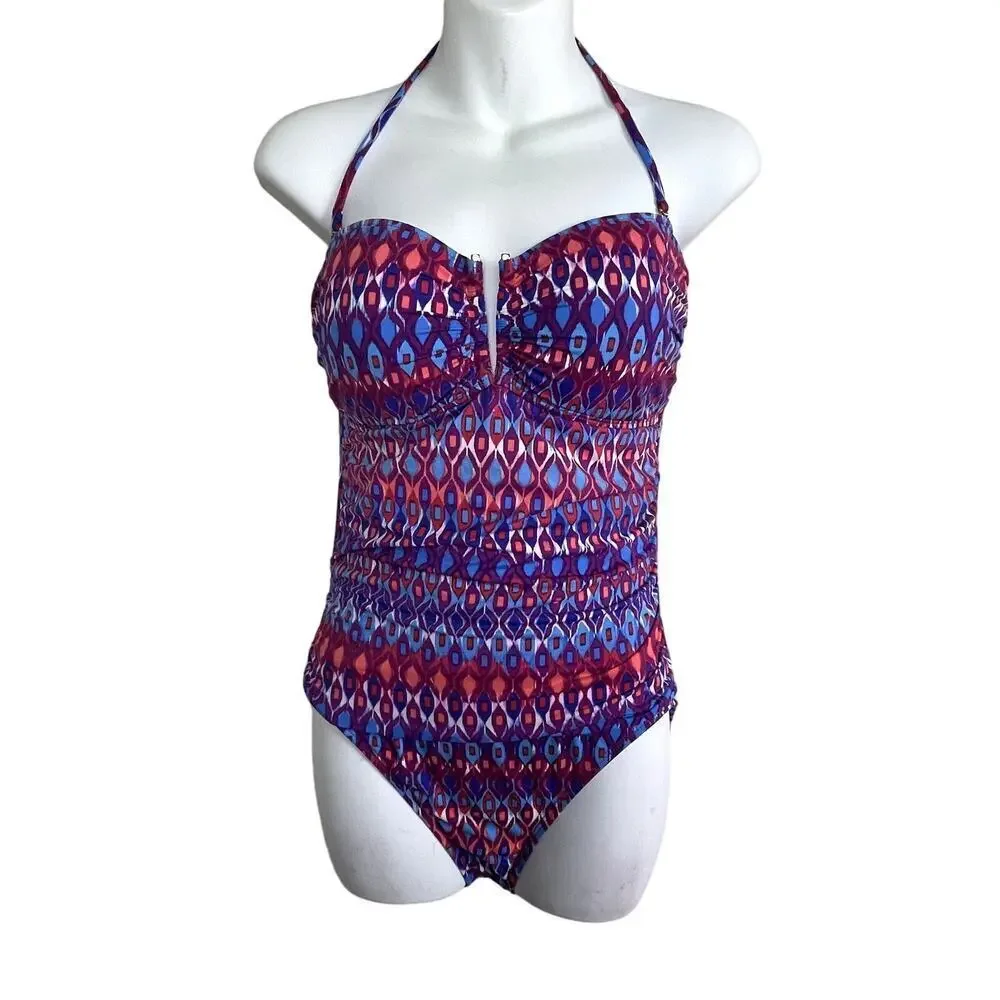 La Blanca‎ Swimsuit One Piece Ruched Tummy Control Size 10 Geometric Print